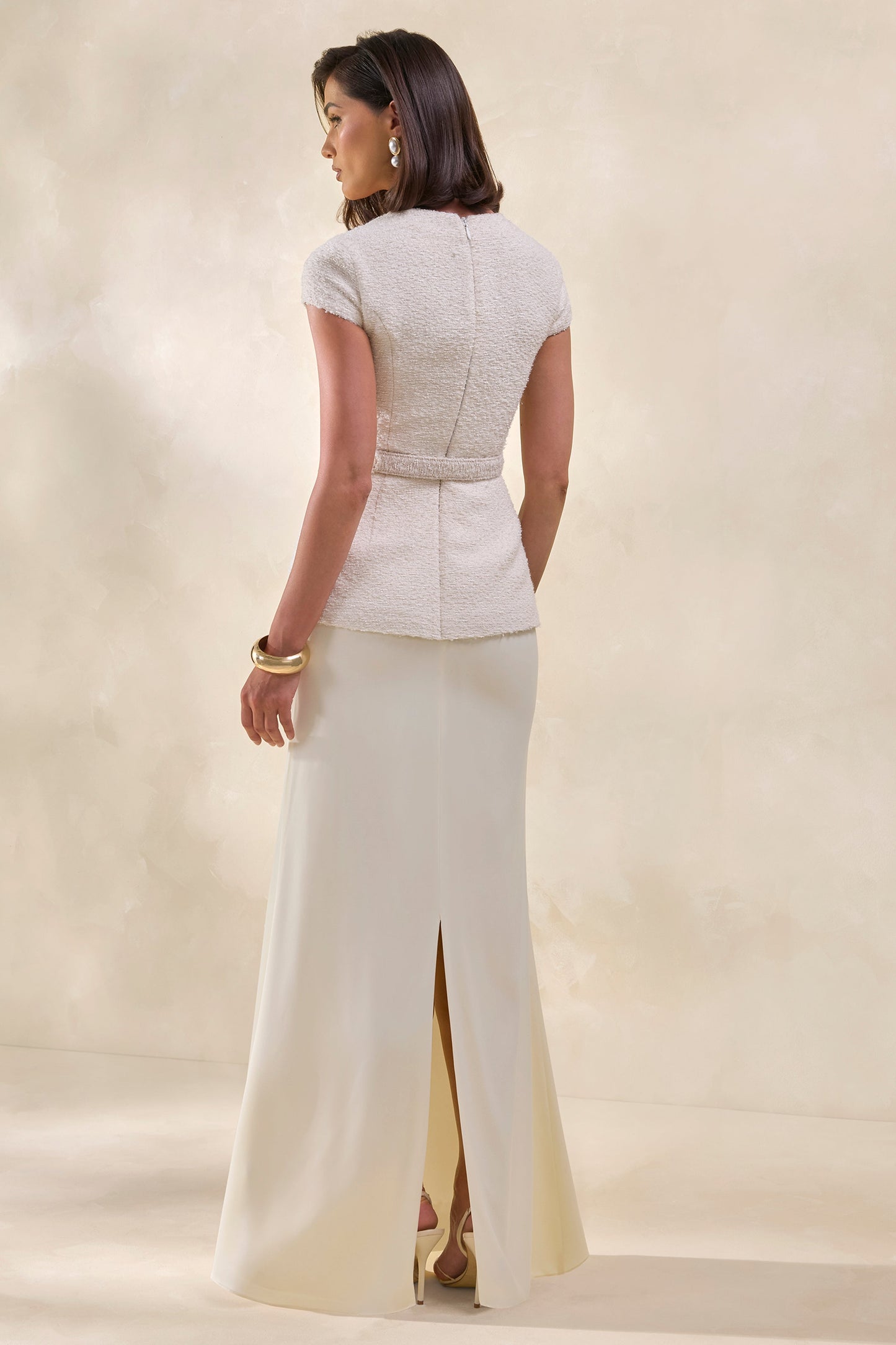 Whispera | Cream Crew-Neck Maxi Dress With Satin Skirt And Pocket-Details