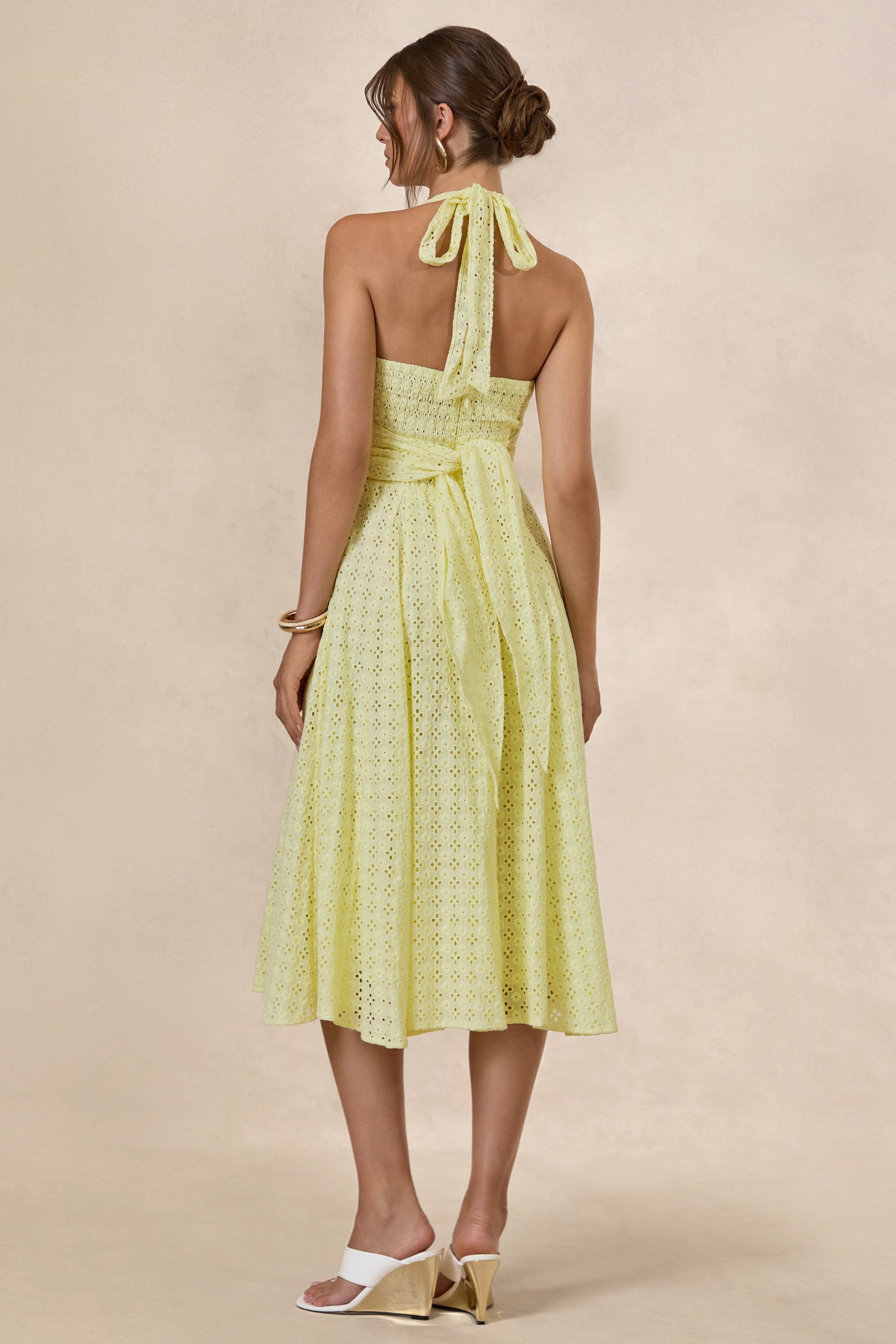Naz | Lemon Broderie Halter-Neck Midi Dress