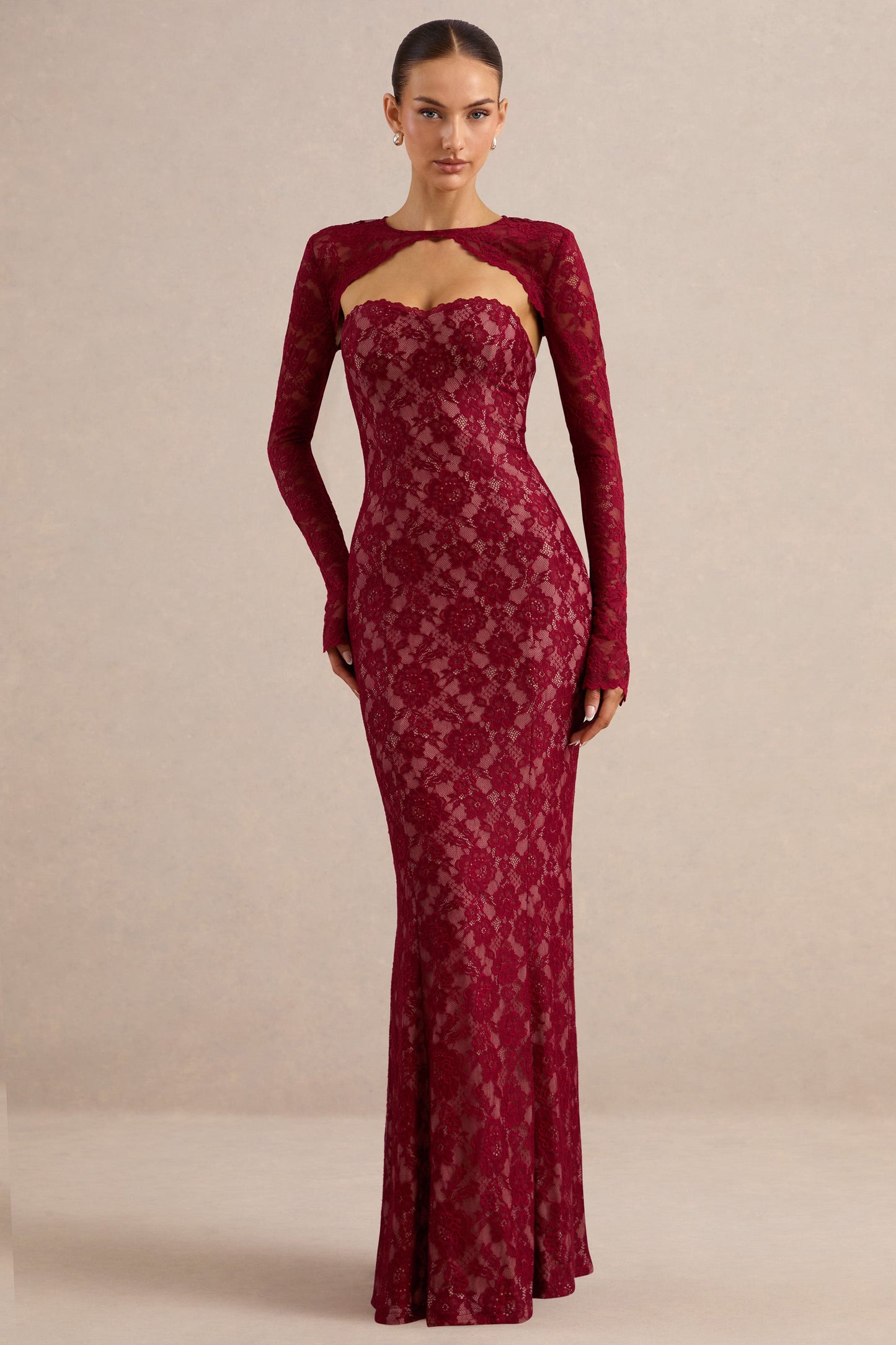 Mirellia | Dark Red Lace Sweetheart-Neck Maxi Dress