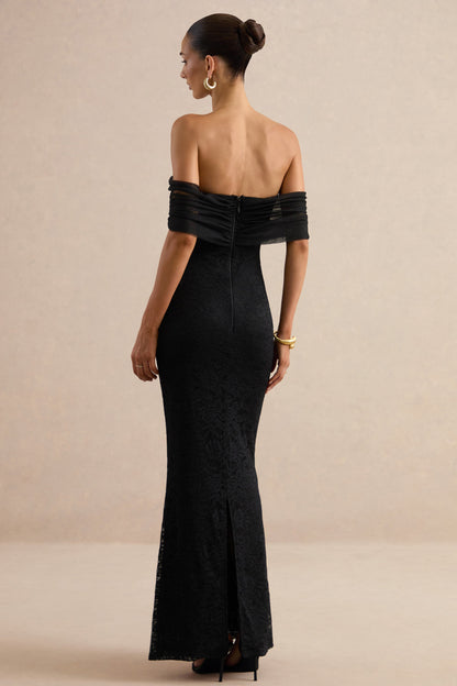 Novessa | Black Lace Bardot-Neck Maxi Dress