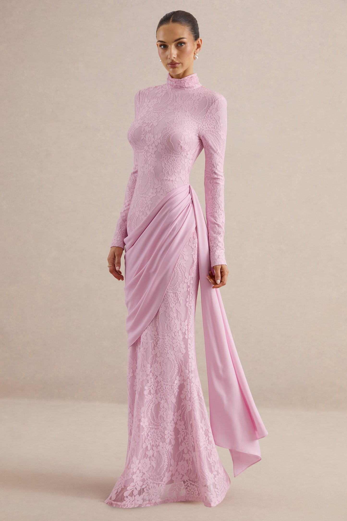 Enestra | Pink High-Neck Lace Maxi-Dress With Draped-Skirt