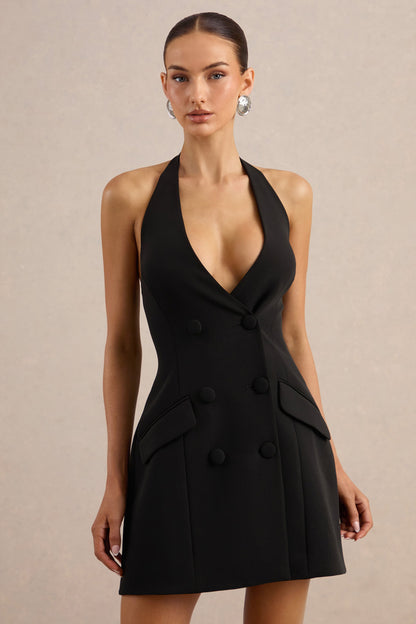 Carlin | Black Plunge-Neck Tailored Mini Dress With Button Detailing