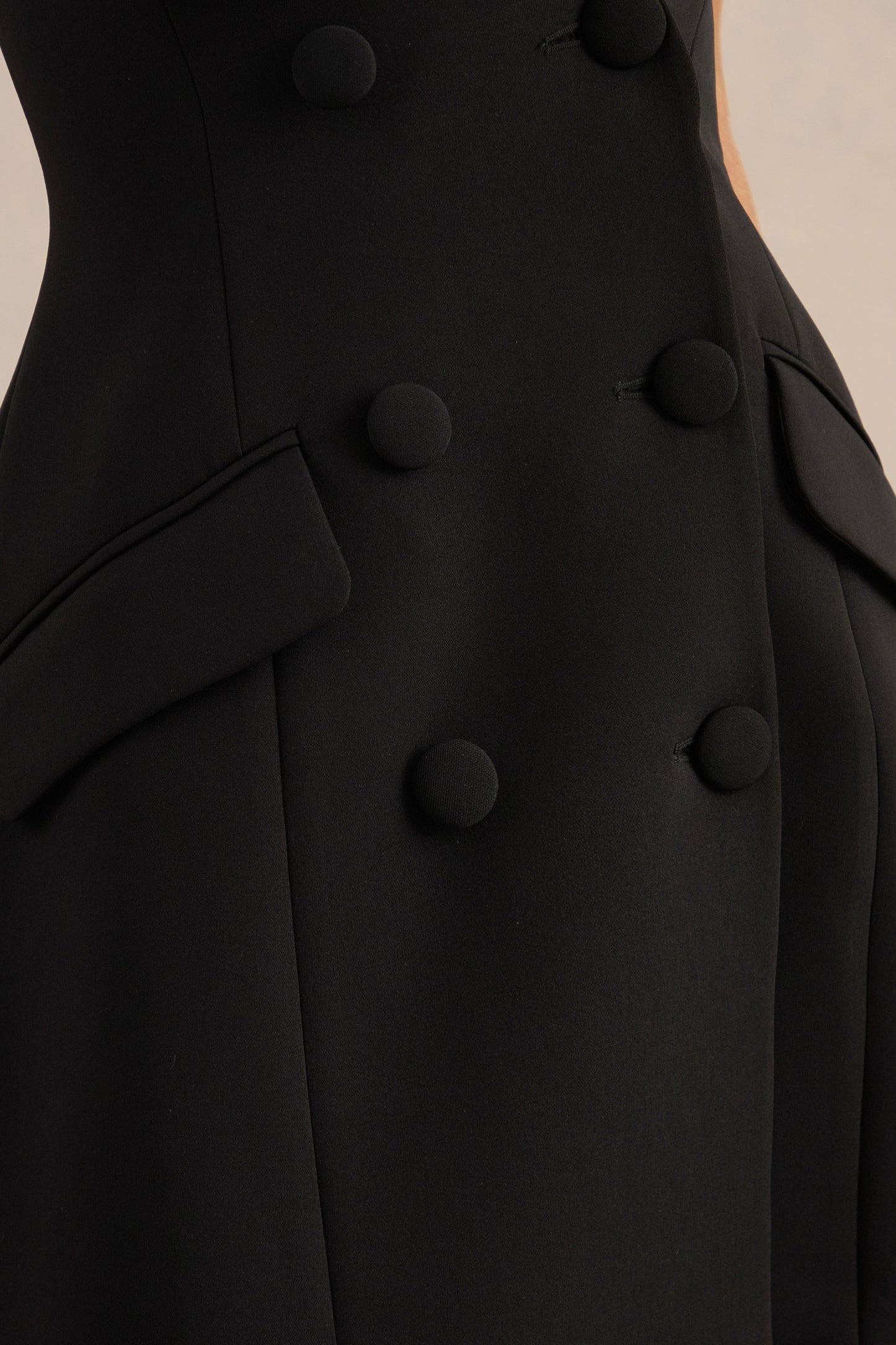 Carlin | Black Plunge-Neck Tailored Mini Dress With Button Detailing