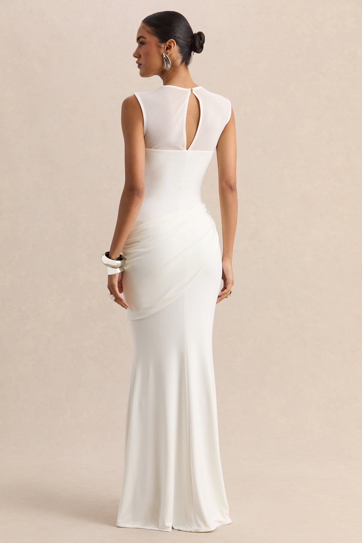 Lyssy | White High-Neck Maxi Dress With Mesh-Detail