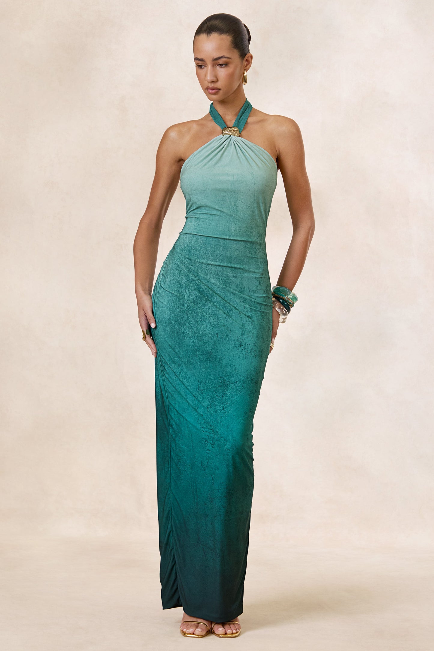 Thera | Turquoise Ombre Halter-Neck Maxi Dress With Gold Detail