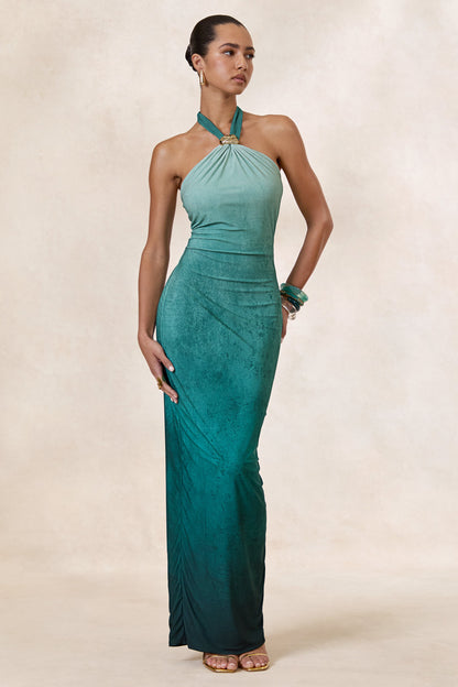Thera | Turquoise Ombre Halter-Neck Maxi Dress With Gold Detail