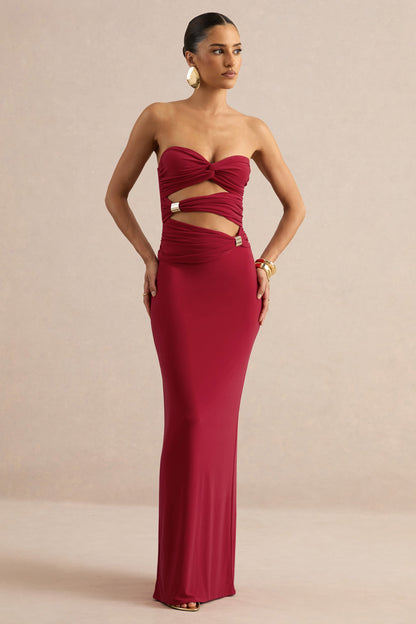Mireia | Red Bandeau-Neck Maxi Dress With Body Cut-Out And Gold Details