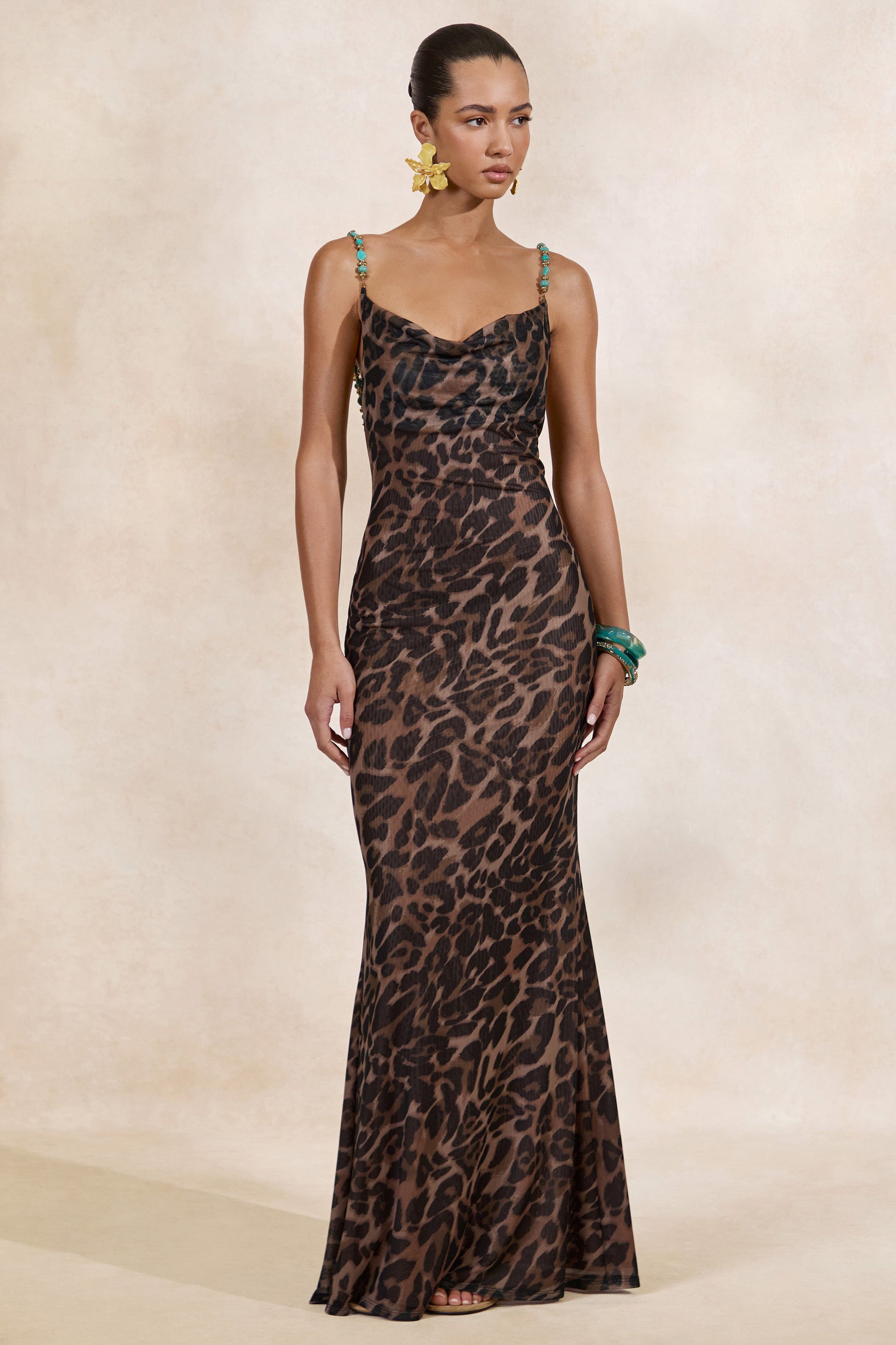 Silvana | Leopard Print Mesh Cowl-Neck Maxi Dress