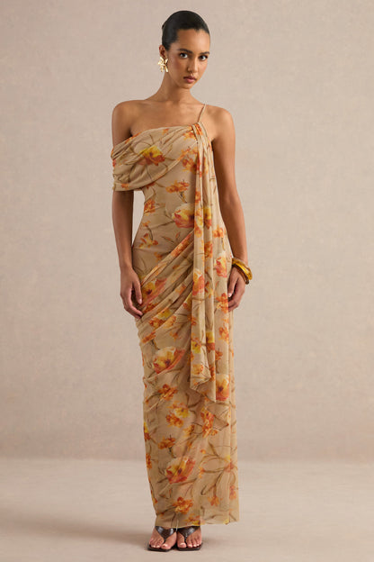Afton | Orange Floral Mesh Asymmetric-Neck Maxi Dress With Sash Detail