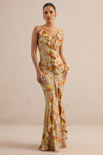 Amali | Orange Floral V-Neck Maxi Dress With Ruffled Detailing