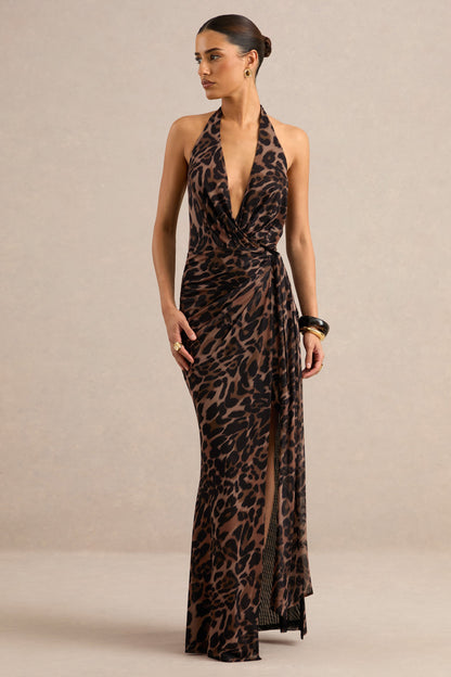 Anwen | Leopard Print Mesh V-Neck Maxi Dress With Front High Split