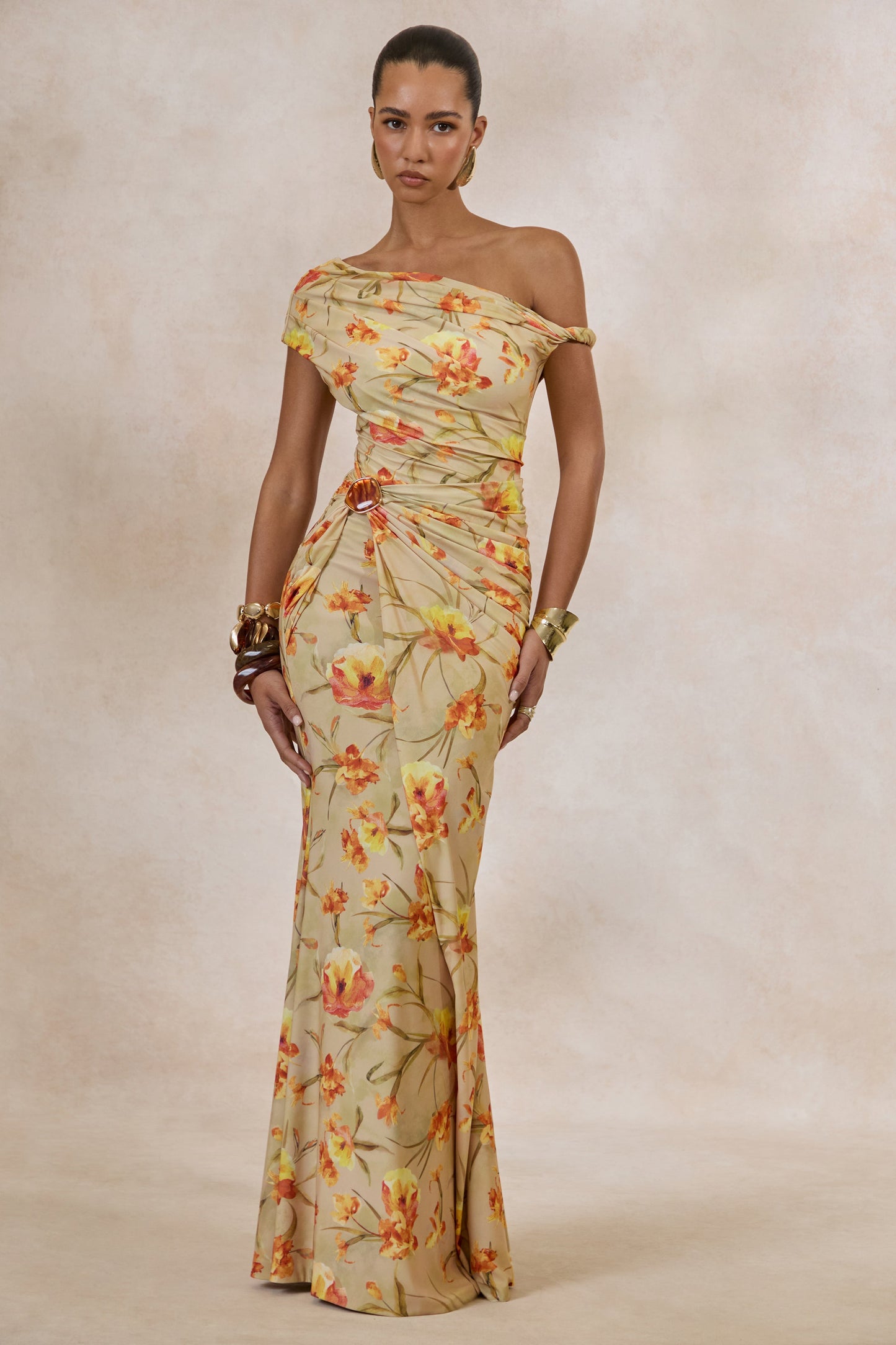 Asiya | Orange Floral Asymmetric-Neck Twist Strap Maxi Dress With Gathered Detailing
