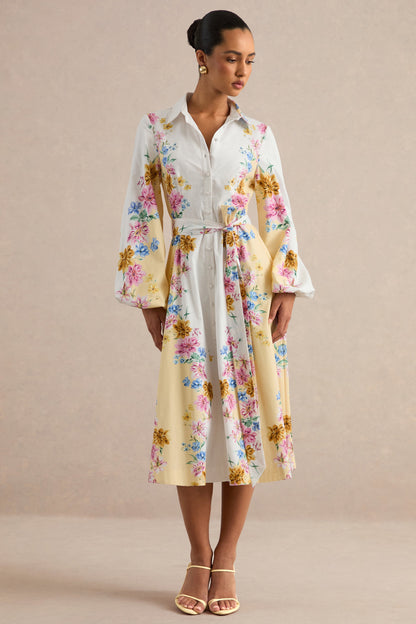 Moira | Lemon Floral Midi Dress With Bell Sleeves