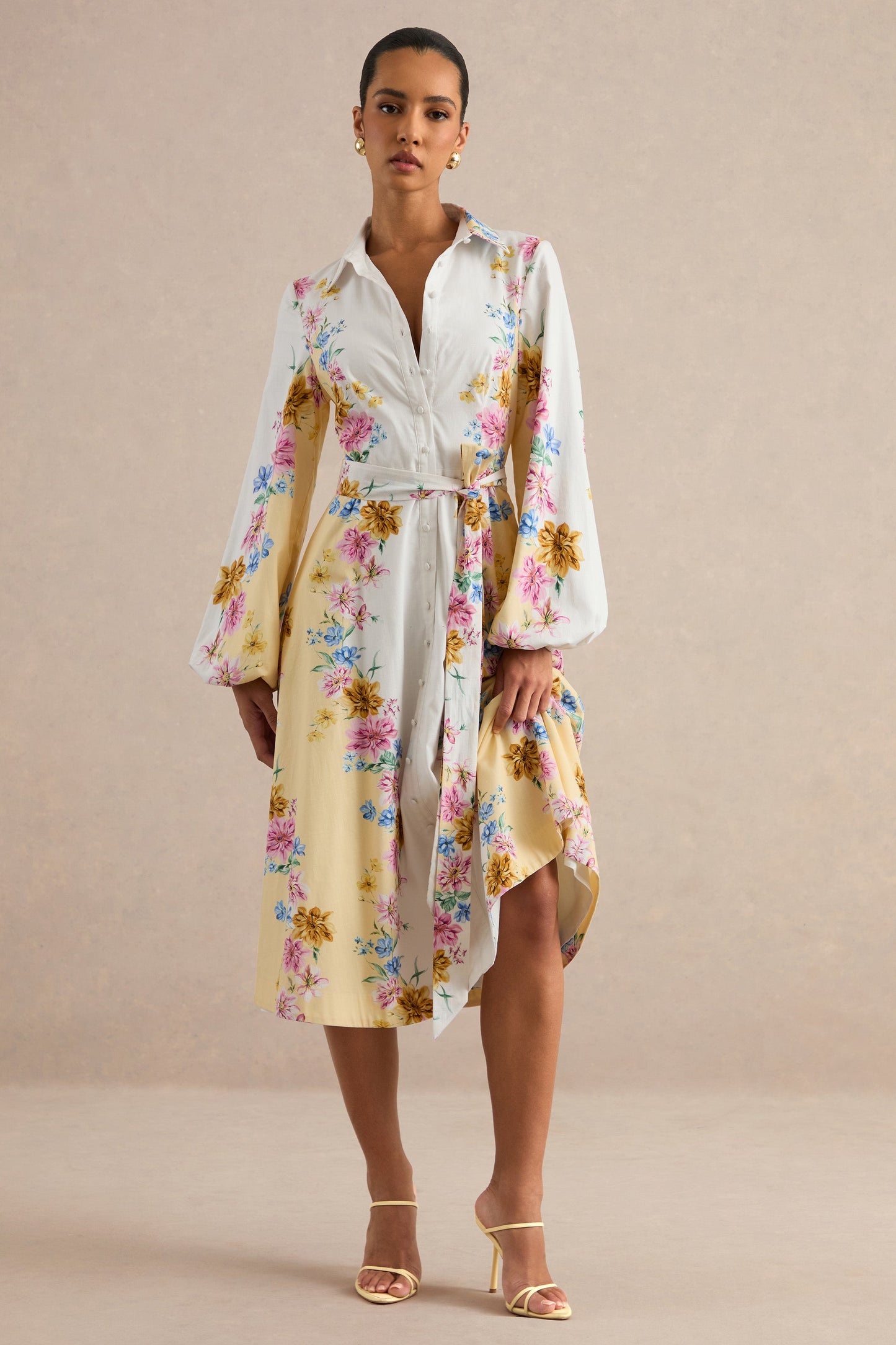Moira | Lemon Floral Midi Dress With Bell Sleeves