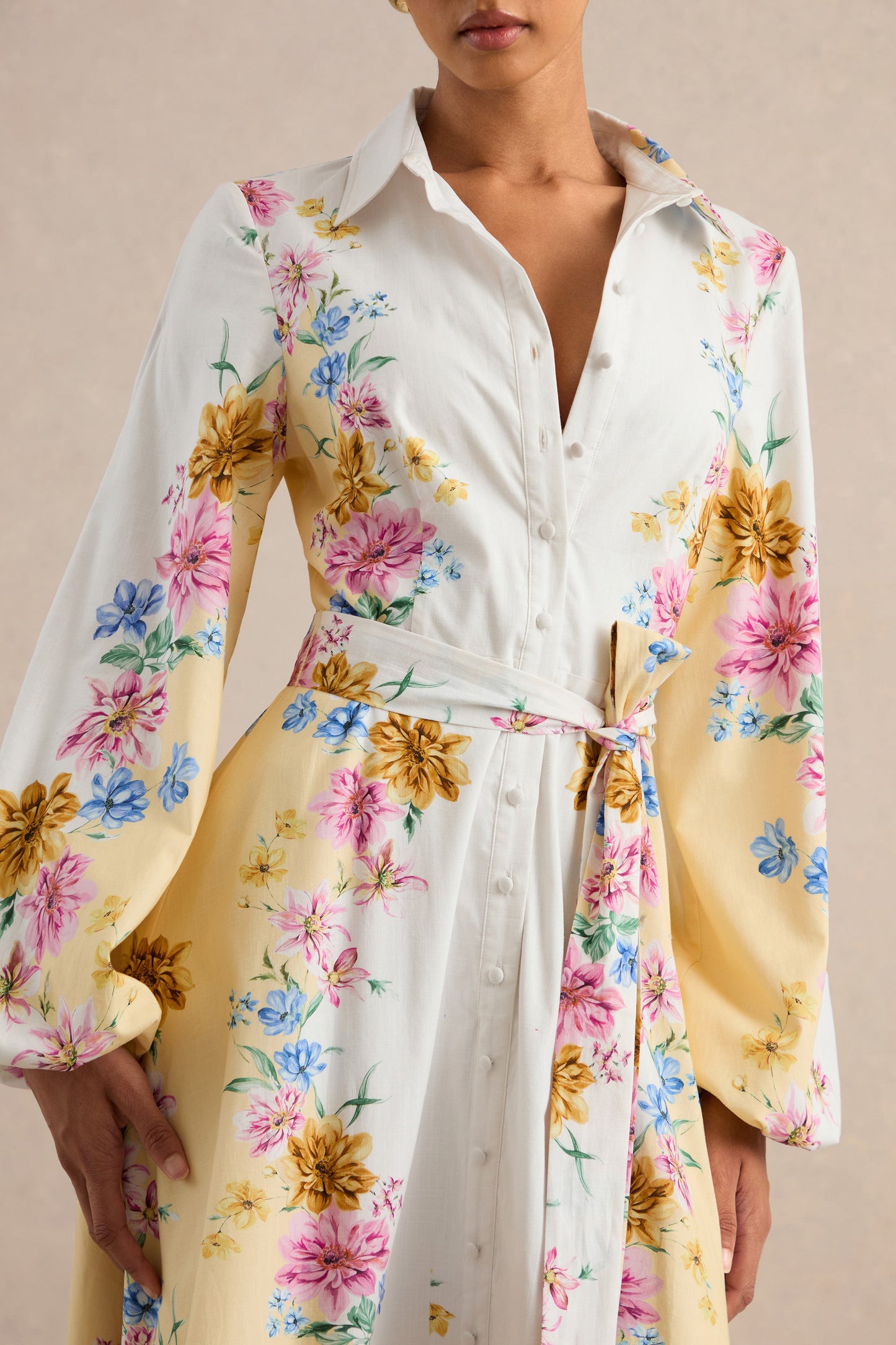 Moira | Lemon Floral Midi Dress With Bell Sleeves