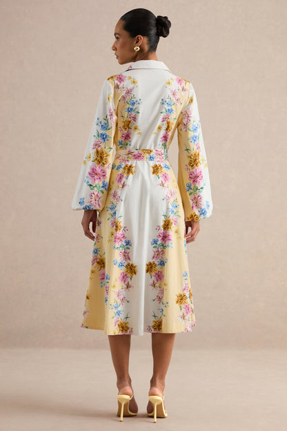 Moira | Lemon Floral Midi Dress With Bell Sleeves