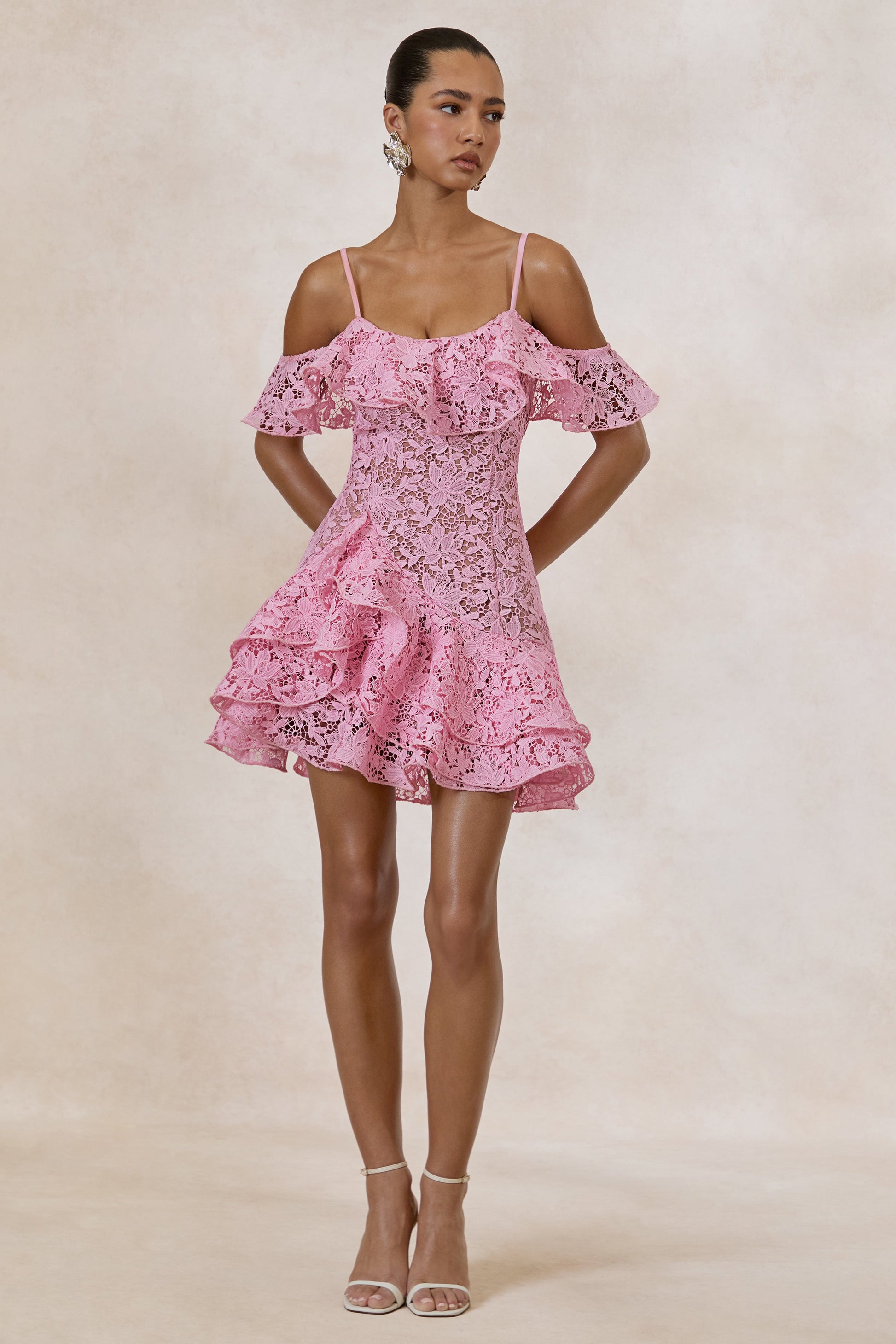 Lyris | Pink Lace Scoop-Neck Mini Dress With Ruffled Detailing