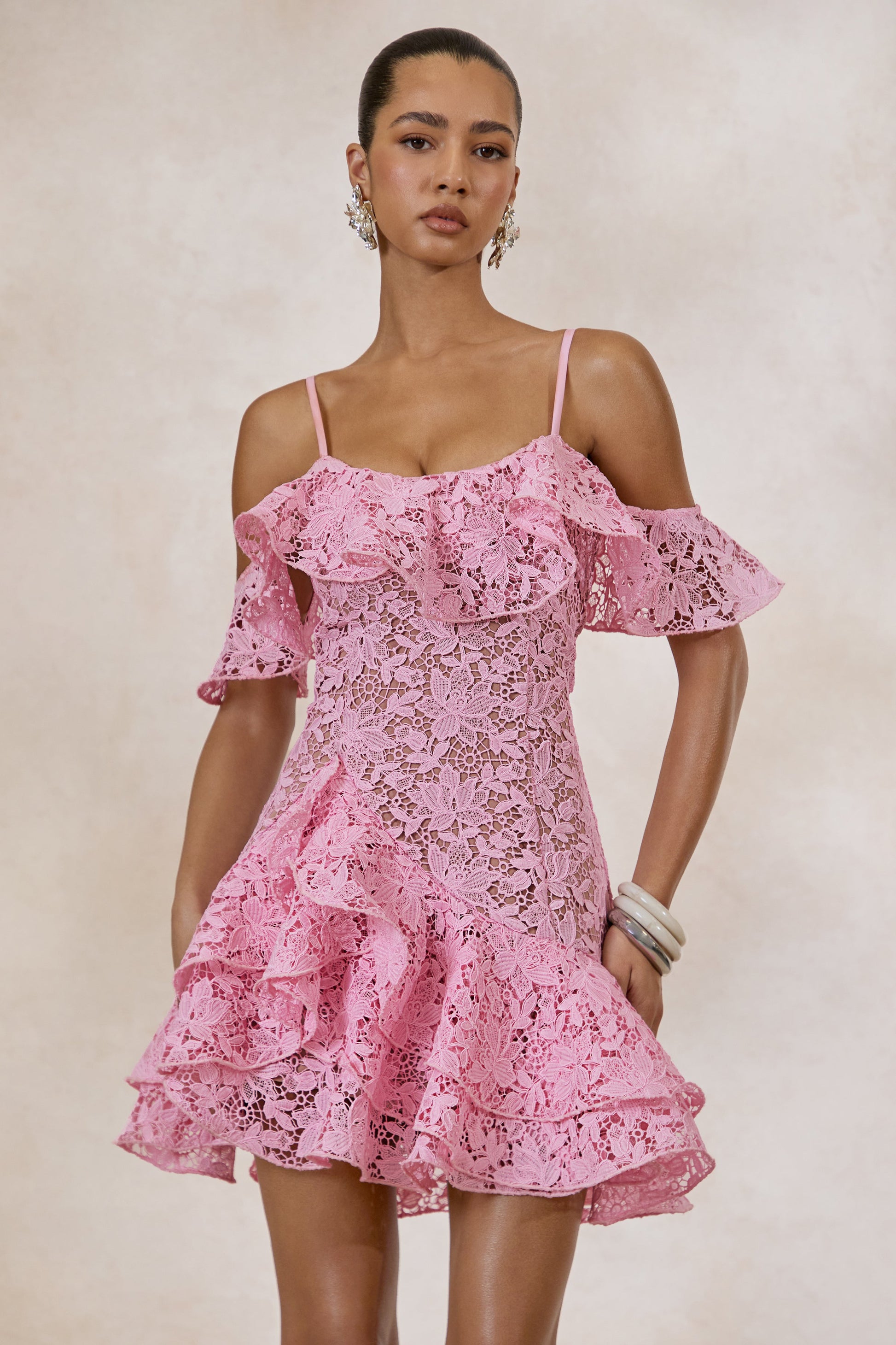 Lyris | Pink Lace Scoop-Neck Mini Dress With Ruffled Detailing