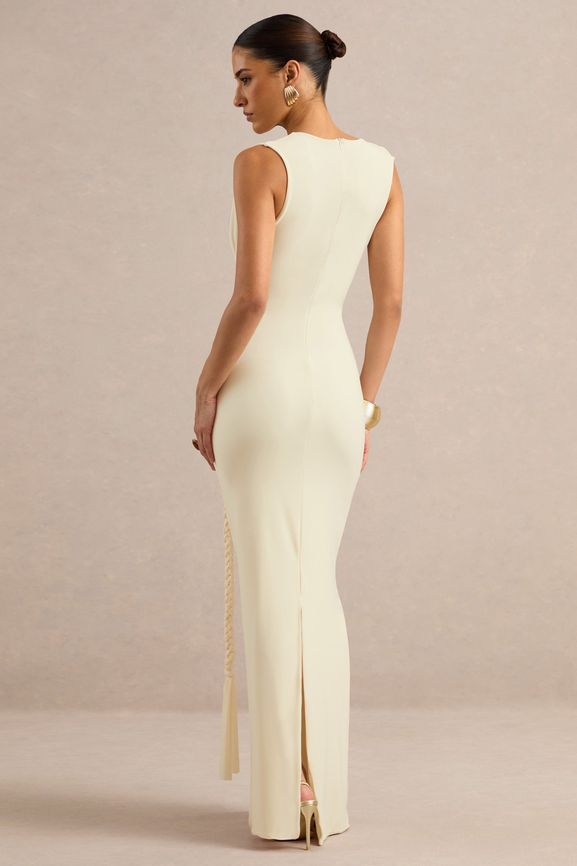 Nalina | Cream Plunge-Neck Maxi Dress With Gathered Detailing And Gold Detail