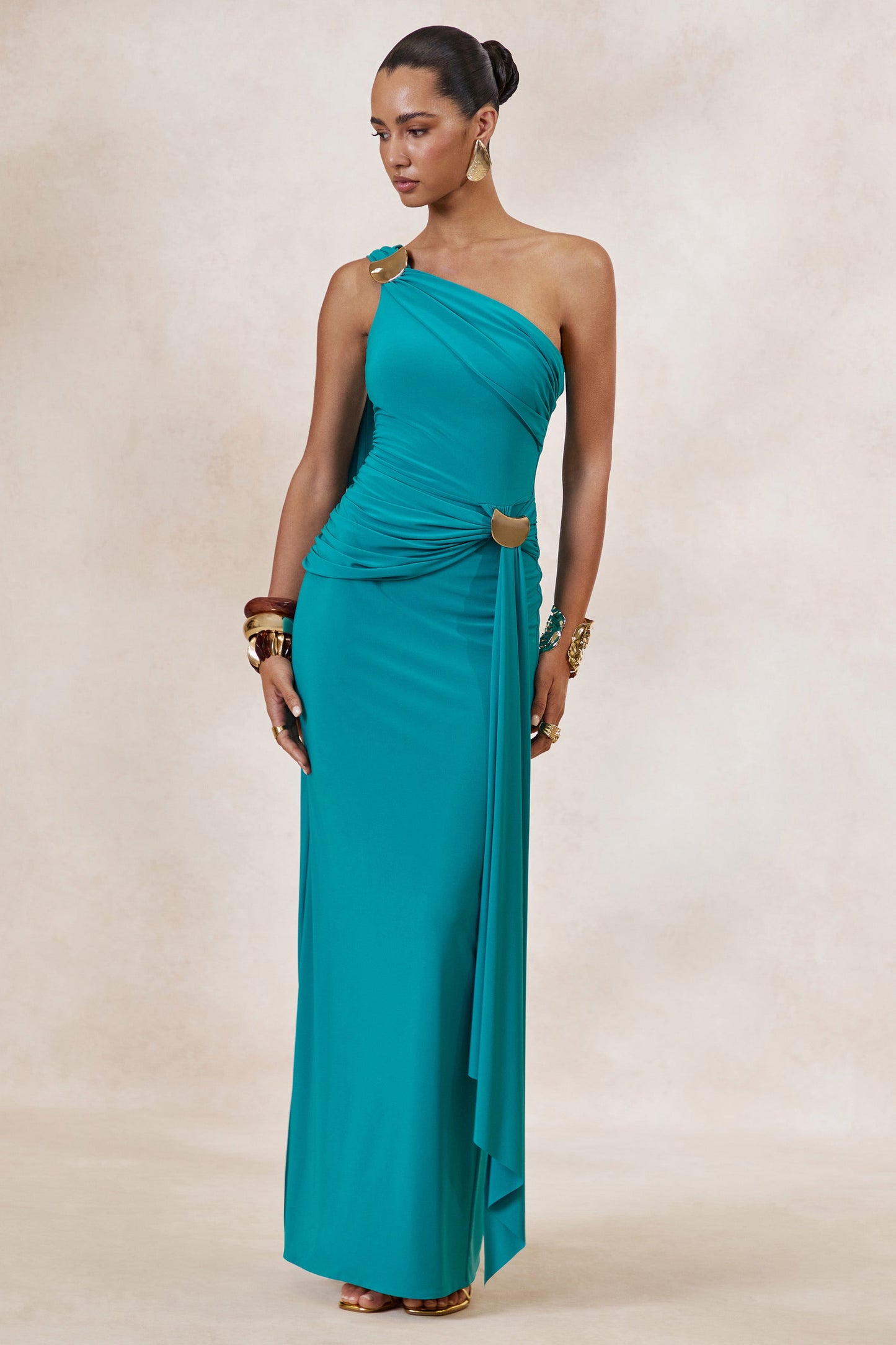 Sariah | Teal Asymmetric-Neck Maxi Dress With Gathered Detailing And Gold Details