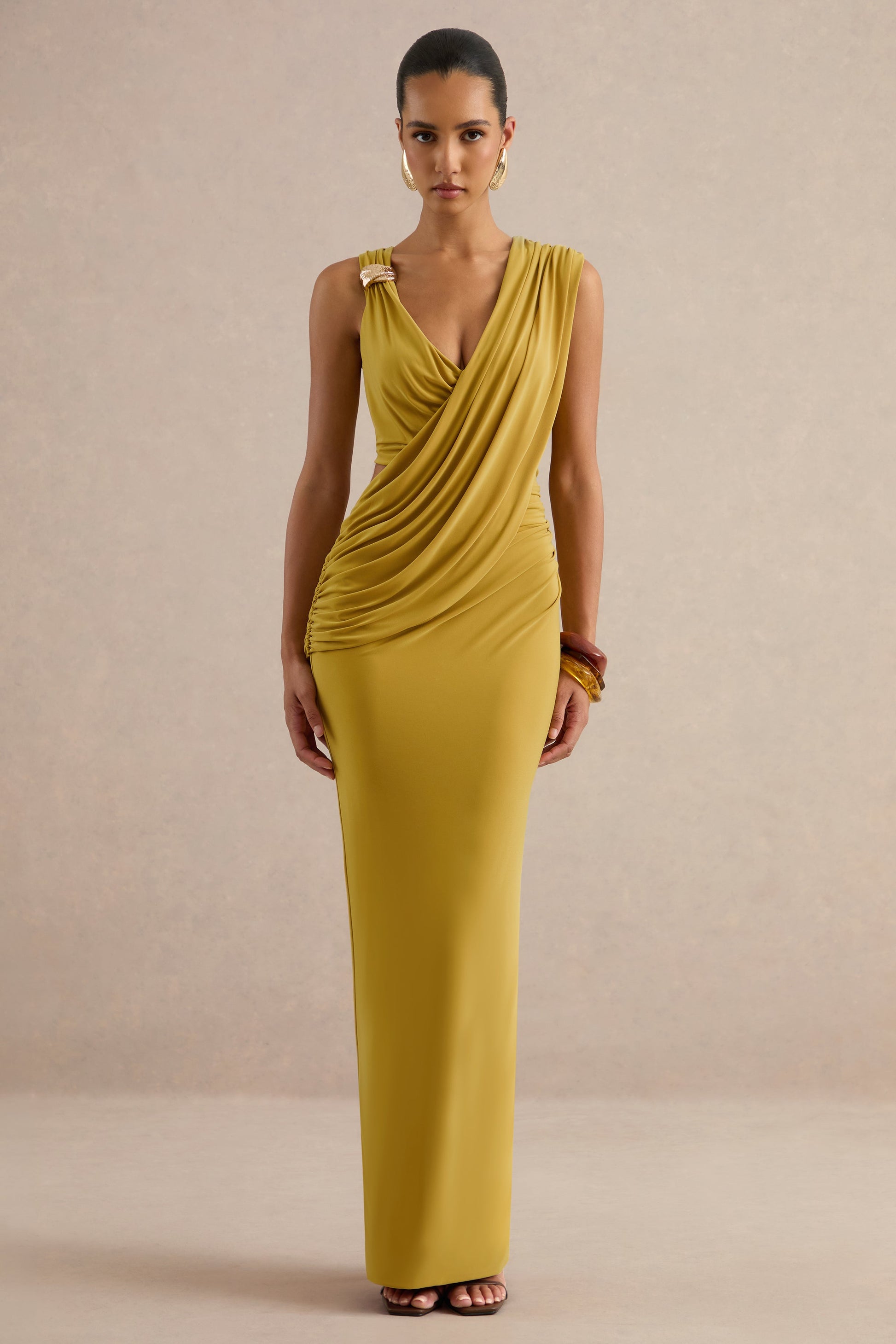Tahlia | Mustard Plunge-Neck Maxi Dress With Draped Detailing And Gold Detail