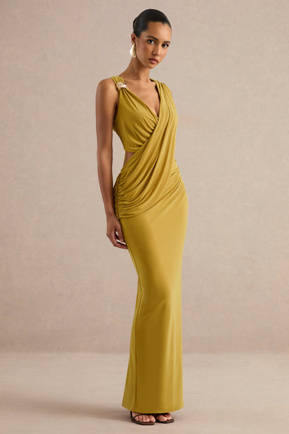 Tahlia | Mustard Plunge-Neck Maxi Dress With Draped Detailing And Gold Detail