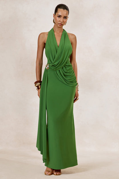 Alisanne | Green Plunge-Neck Maxi Dress With Draped Detailing