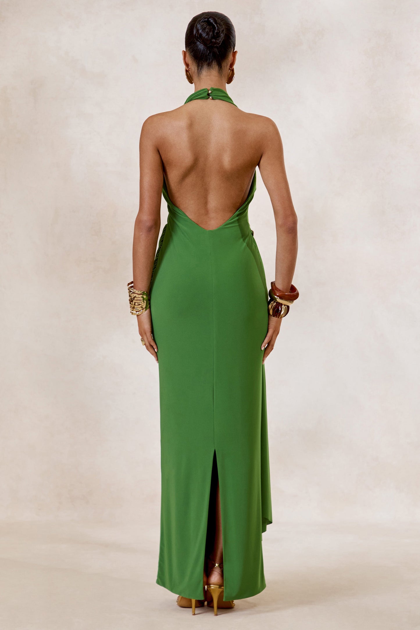 Alisanne | Green Plunge-Neck Maxi Dress With Draped Detailing