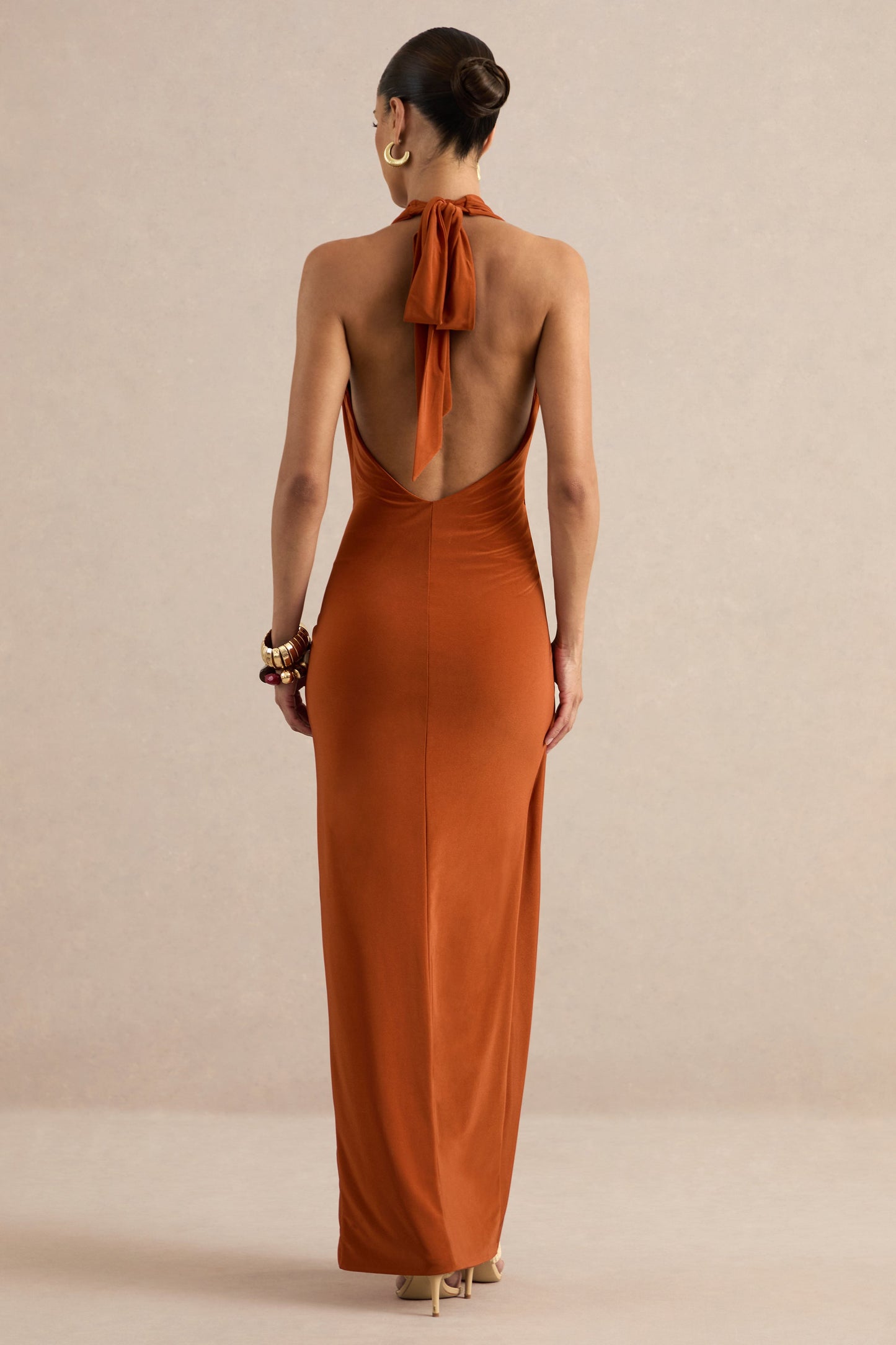 Azari | Rust Halter-Neck Wrap Maxi Dress With Gold Detail