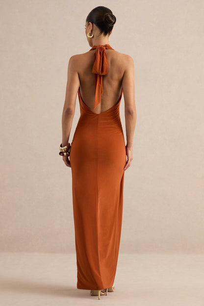 Azari | Rust Halter-Neck Wrap Maxi Dress With Gold Detail