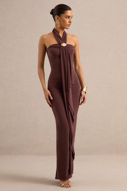 Delaina | Dark Brown Halter-Neck Maxi Dress With Gold Detail And Sash