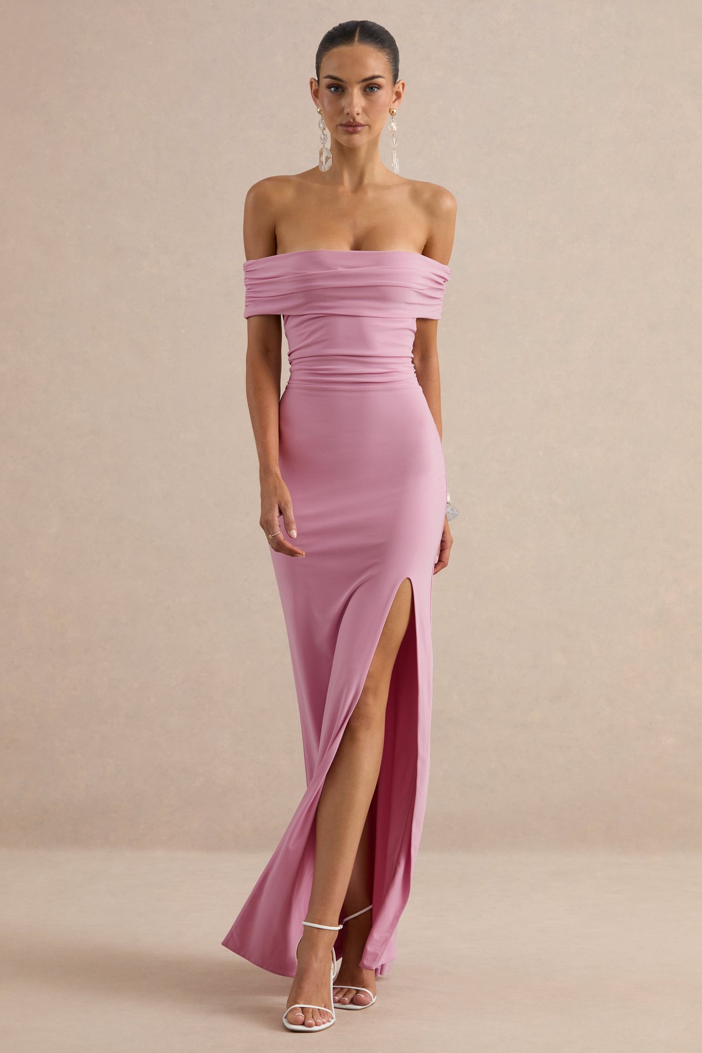 Emari | Pink Bardot-Neck Tie Back Maxi Dress With Front-High Split