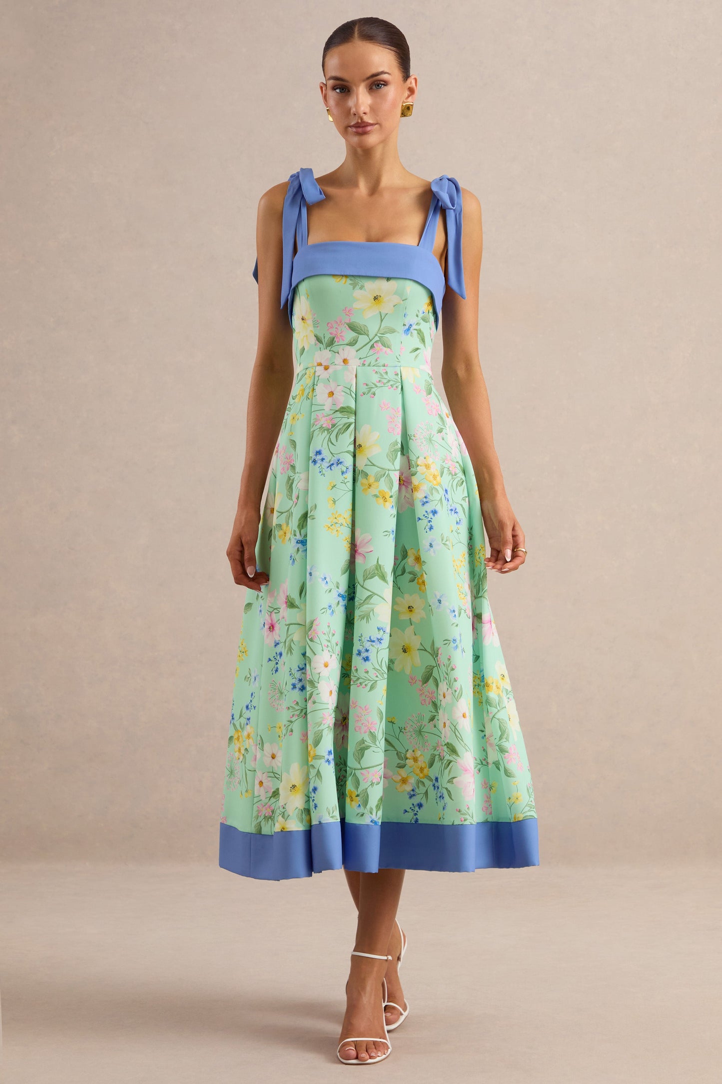 Marlisa | Mint Floral Print Square-Neck Midi Dress With Bow Straps