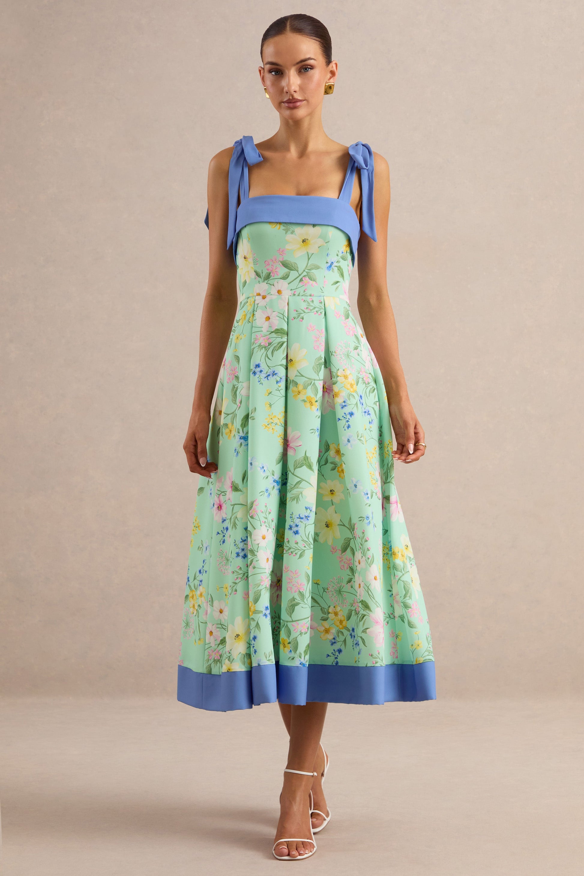 Marlisa | Mint Floral Print Square-Neck Midi Dress With Bow Straps