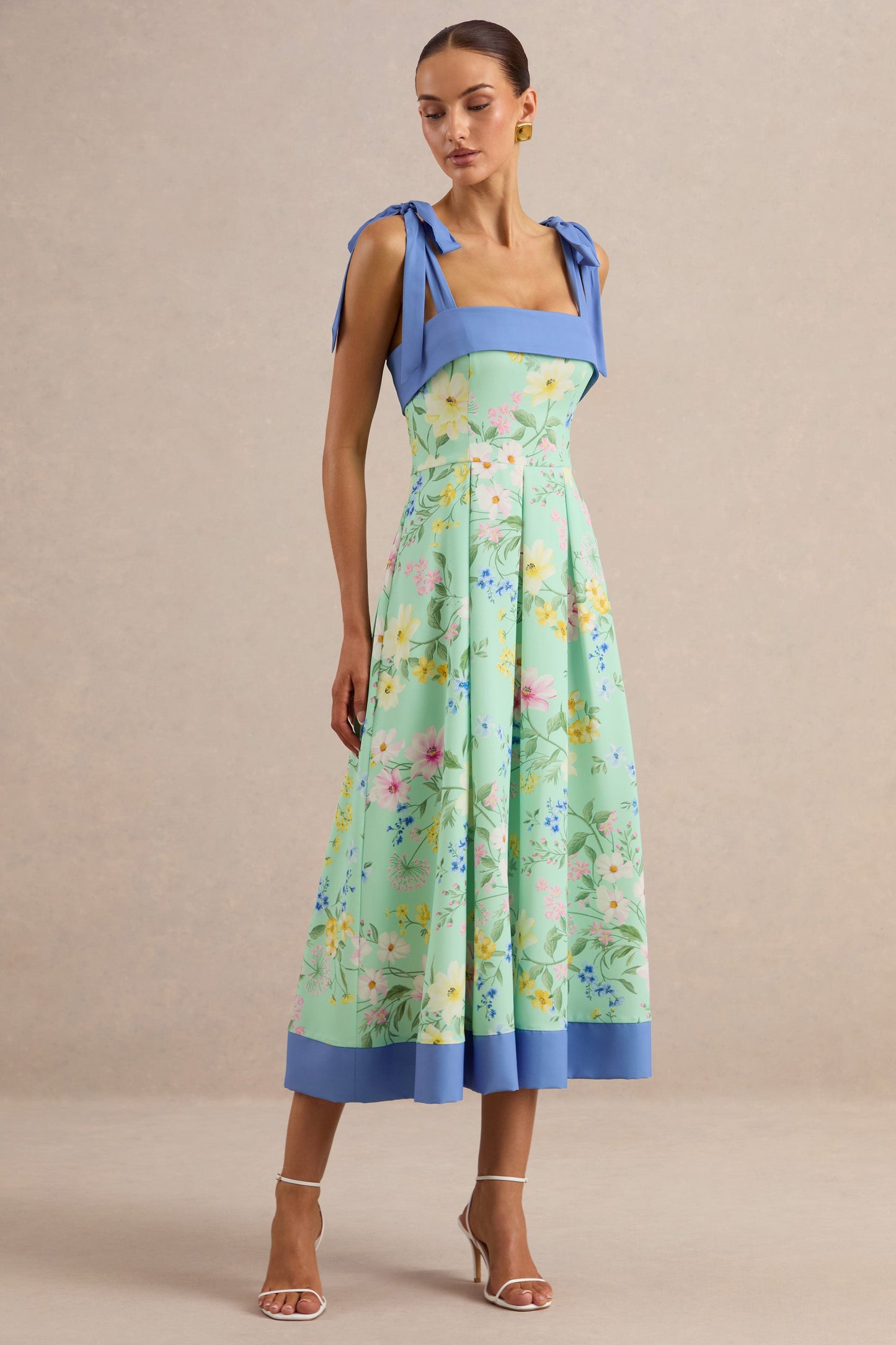 Marlisa | Mint Floral Print Square-Neck Midi Dress With Bow Straps