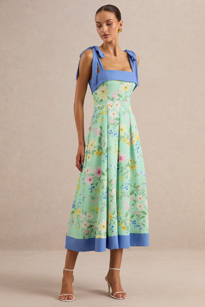 Marlisa | Mint Floral Print Square-Neck Midi Dress With Bow Straps