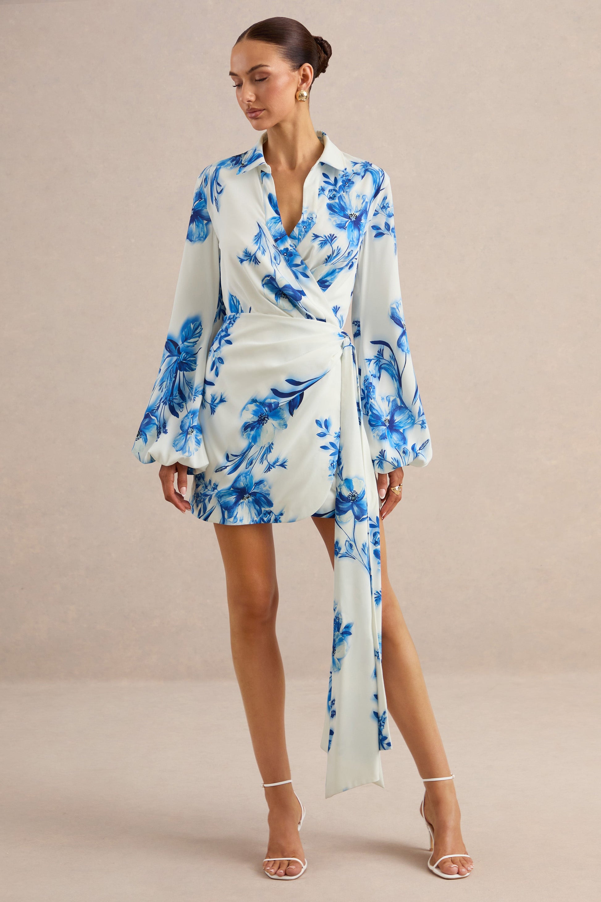 Itzara | Blue Floral Print Plunge-Neck Wrap Dress With Belt Detail