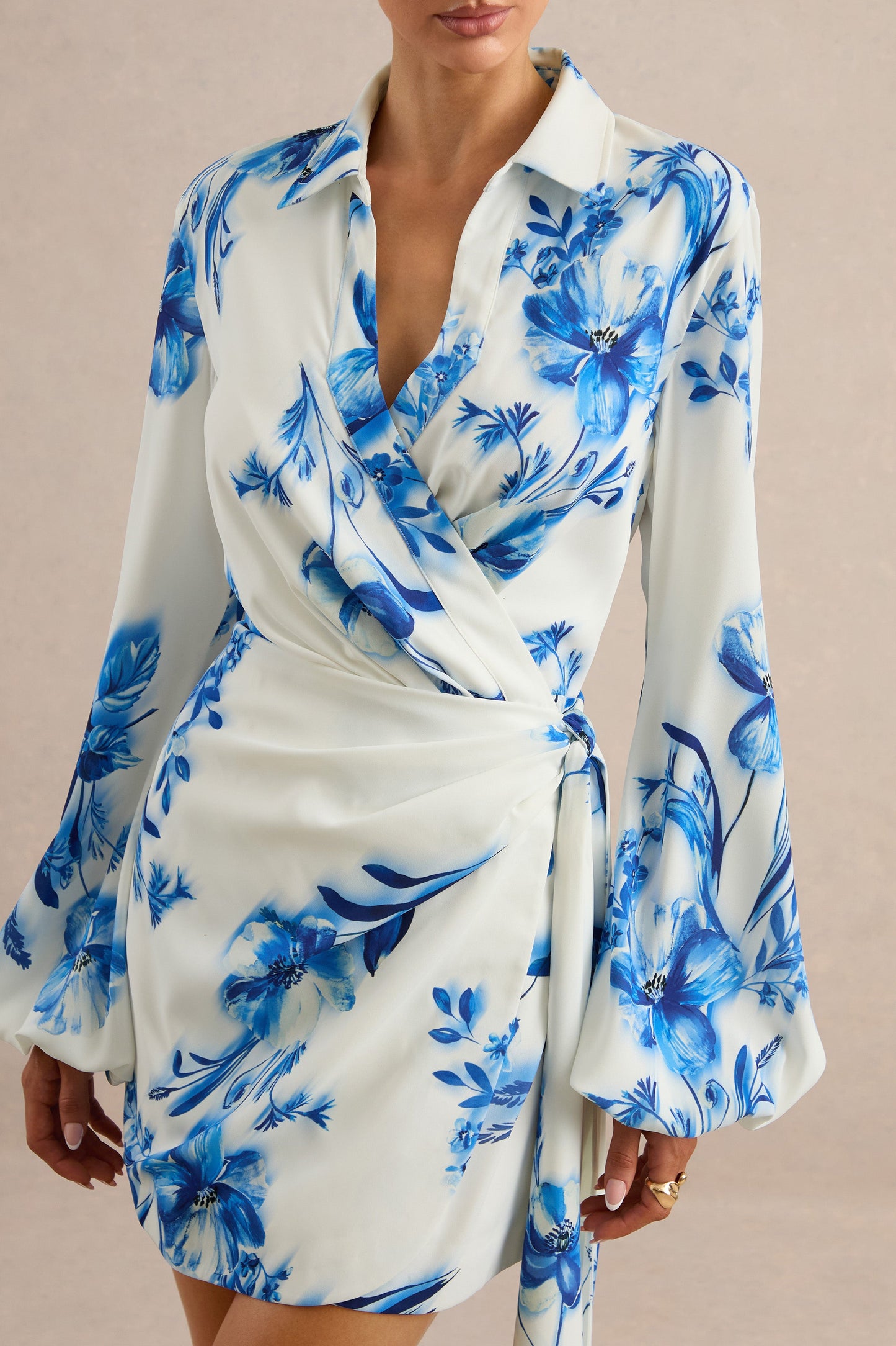 Itzara | Blue Floral Print Plunge-Neck Wrap Dress With Belt Detail