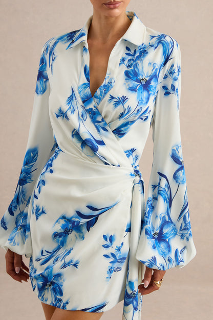 Itzara | Blue Floral Print Plunge-Neck Wrap Dress With Belt Detail