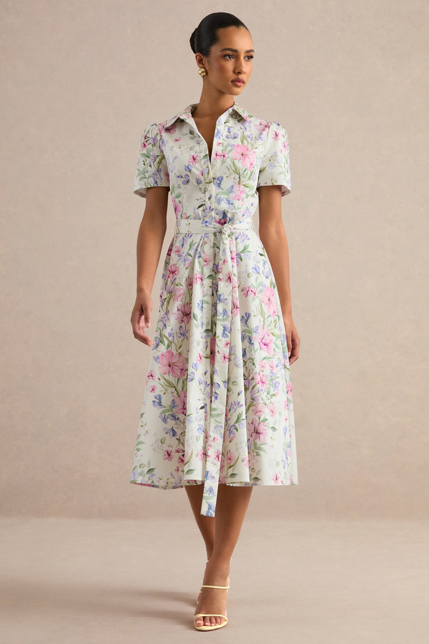 Viviette | Cream Floral Print Collared-Neck Midi Dress