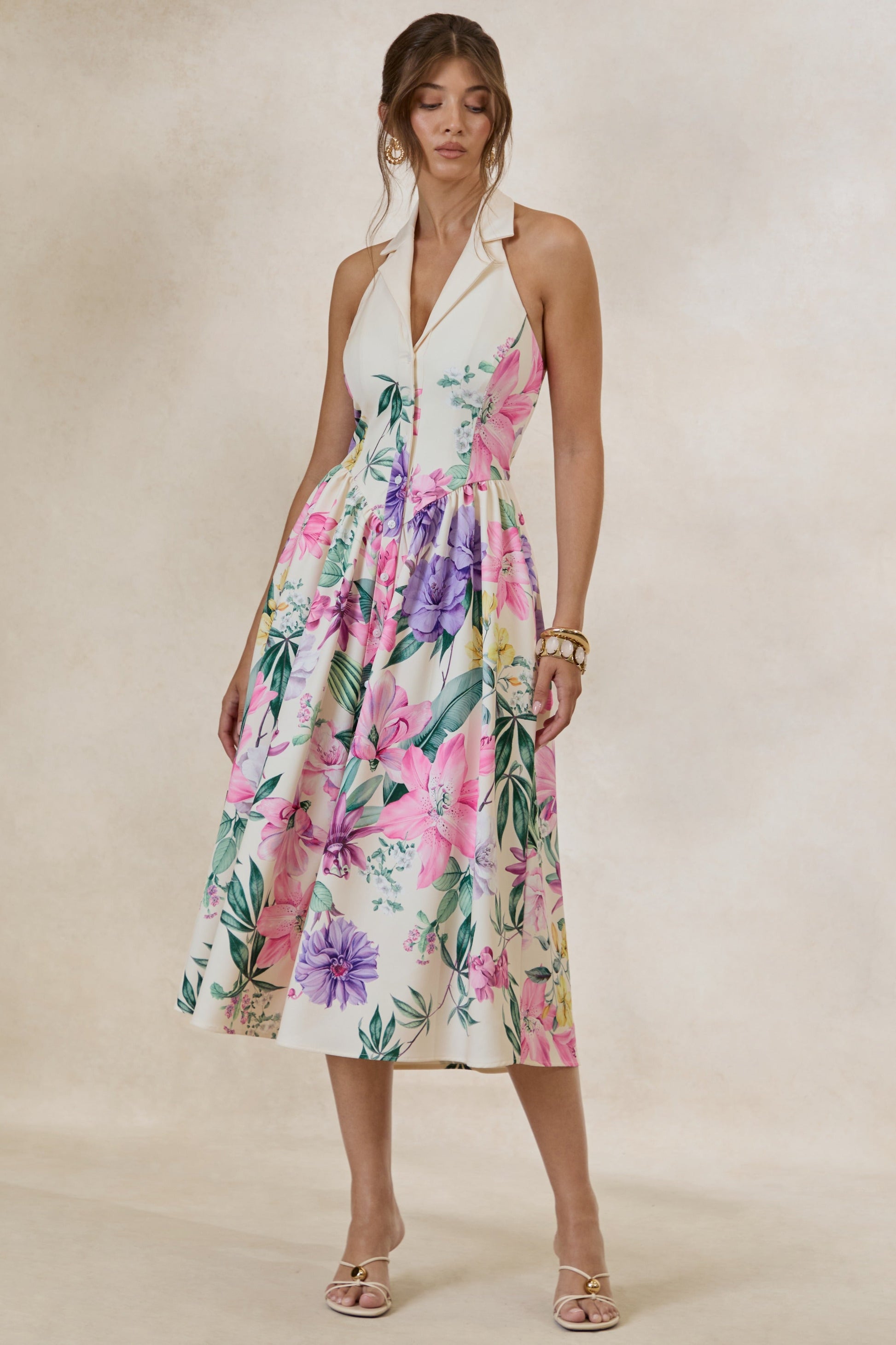 Maila | Cream Floral Print Collared Halter-Neck Midi Dress