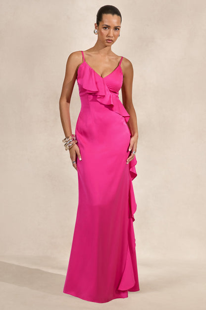 Marcelina | Hot Pink Satin V-Neck Maxi Dress With Ruffled Detailing