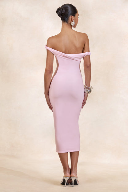 Sarafina | Light Pink Twisted Asymmetric-Neck Midi Dress