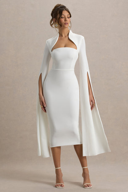 Linden | White Fitted Cape-Sleeve Midi Dress