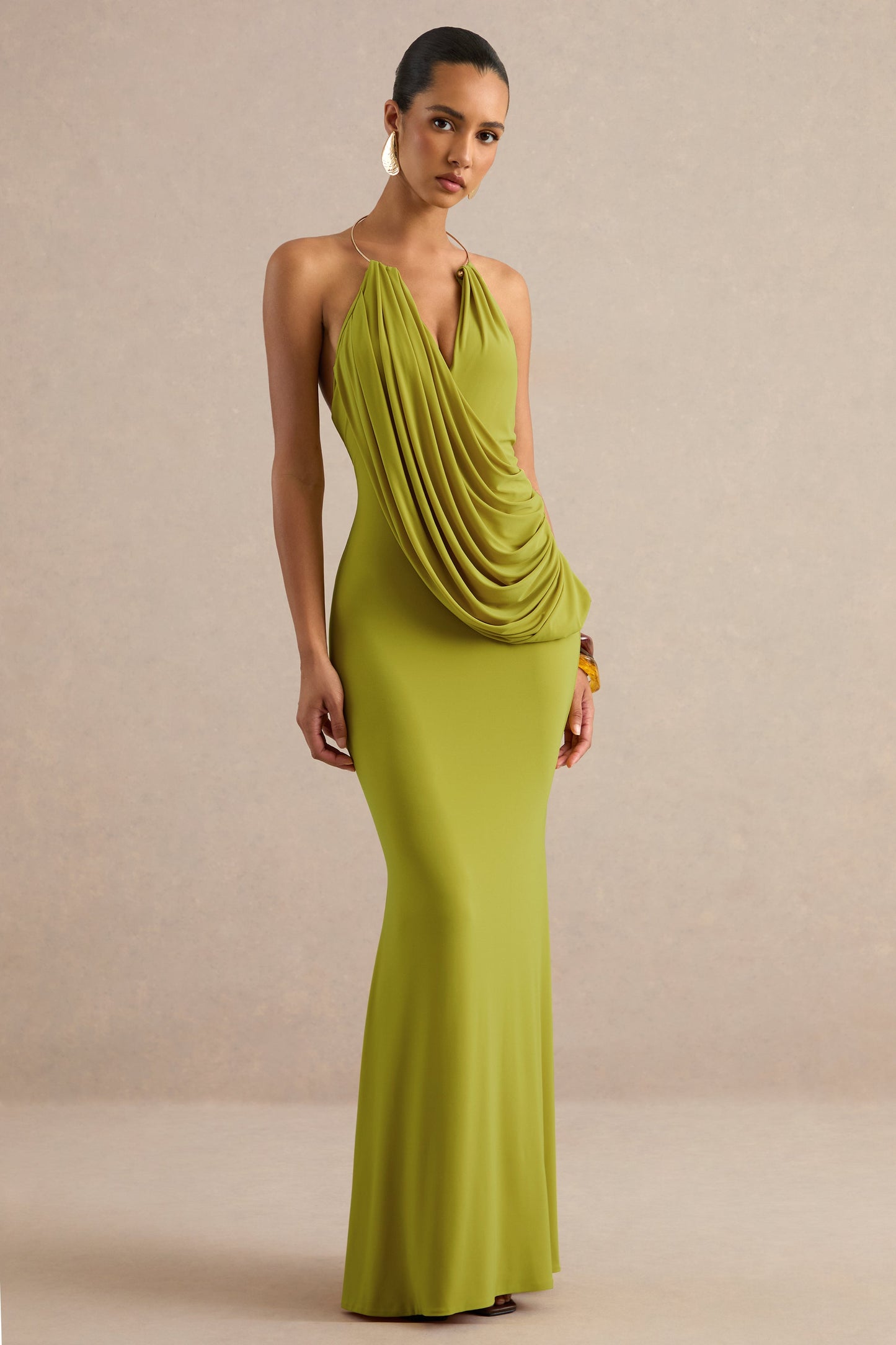 Dinara | Olive Halter-Neck Maxi Dress With Draped Detailing And Gold Detail