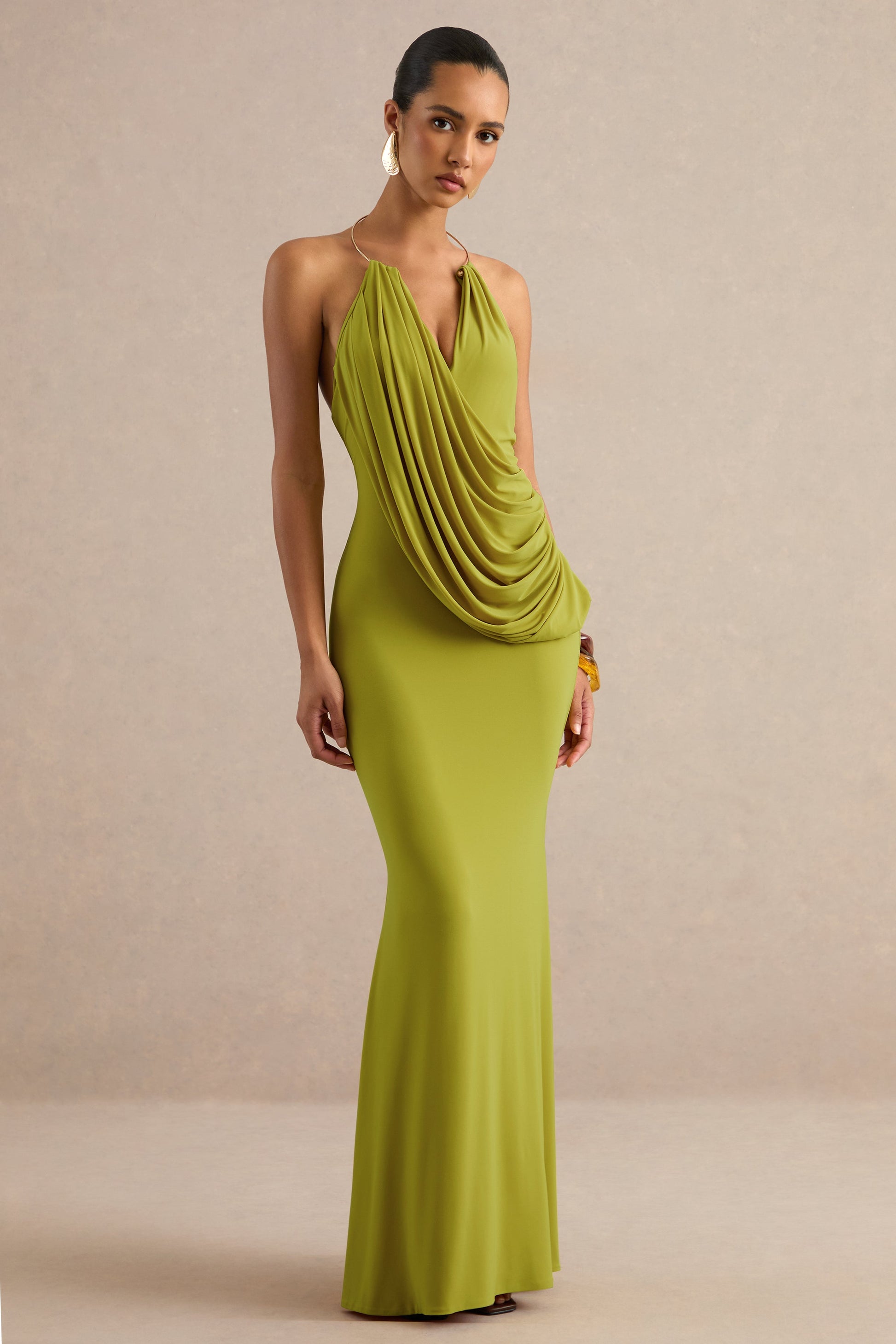Dinara | Olive Halter-Neck Maxi Dress With Draped Detailing And Gold Detail
