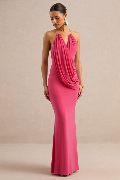 Dinara | Coral Halter-Neck Maxi Dress With Draped Detailing And Gold Detail