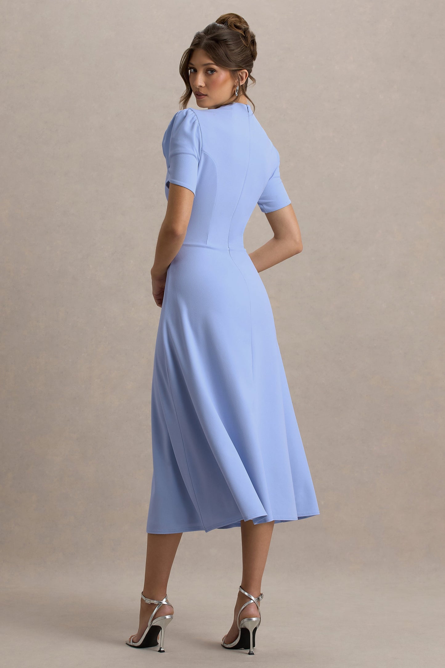 Vicky | Powder Blue High Neck Midi Dress With Puff Sleeves