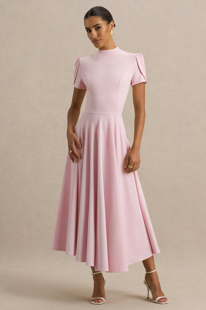 Vicky | Light Pink High Neck Midi Dress With Puff Sleeves