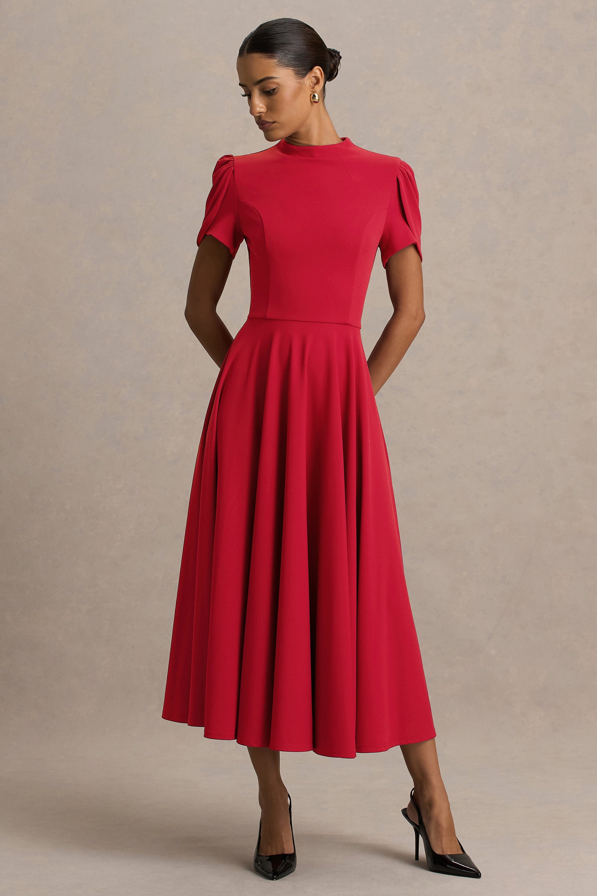 Vicky | Red High Neck Midi Dress With Puff Sleeves
